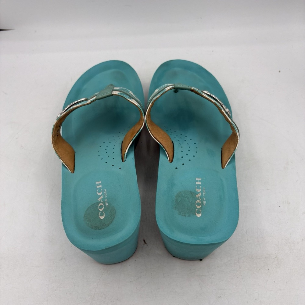 Coach Sandals Womens Size 8.5 B Jaden Wedge Heel Teal Cushioned Leather Straps - Picture 8 of 12